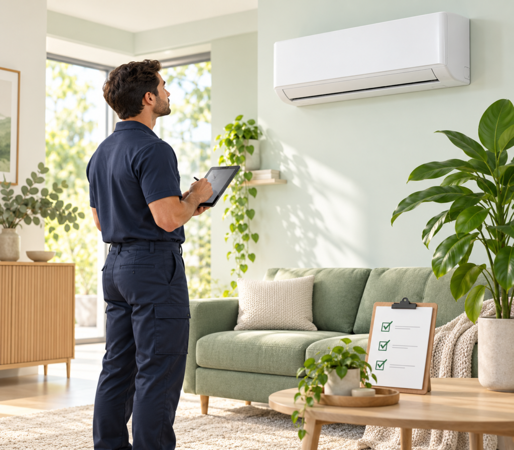technician assessing a home air conditioner technician assessing a home air conditioner